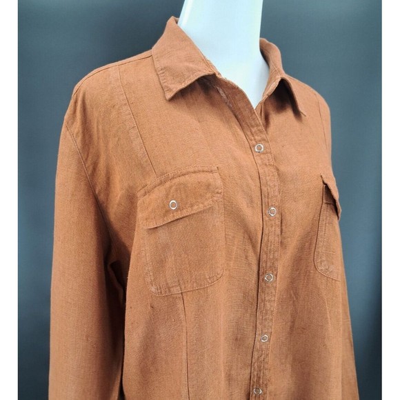 Chicos 2 Brown Coco Top Size 12 Large Womens Pockets 100% Linen Shirt Blouse - Picture 4 of 9